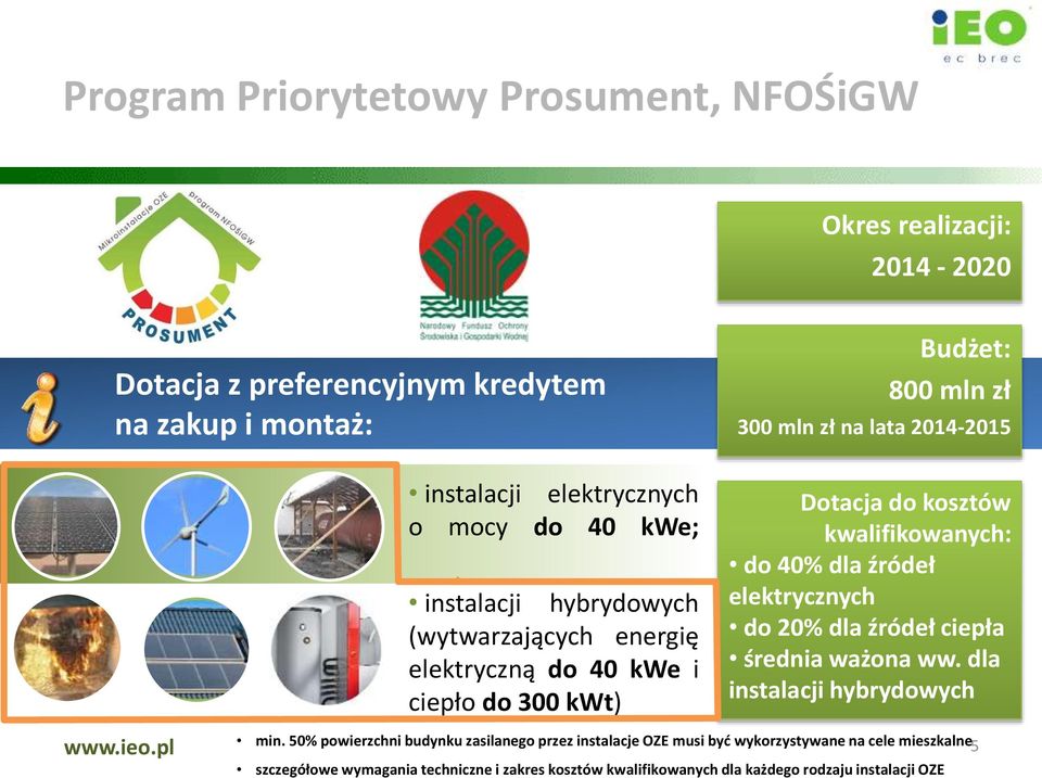 kwalifikowanych: do 40% dla źródeł elektrycznych do 20% dla źródeł ciepła średnia ważona ww. dla instalacji hybrydowych min.