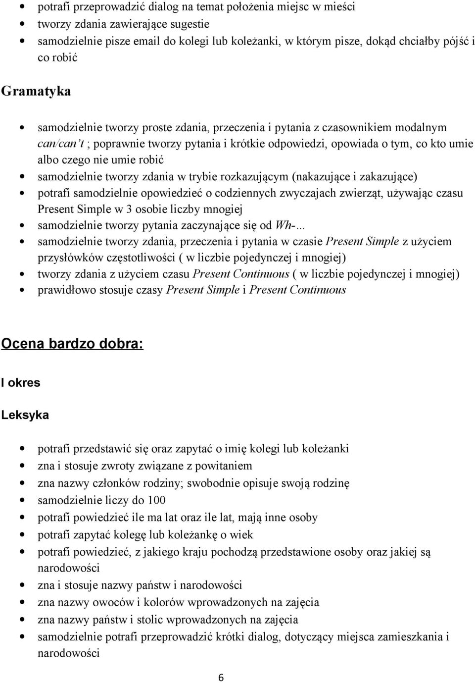 samodzielnie tworzy zdania w trybie rozkazującym (nakazujące i zakazujące) potrafi samodzielnie opowiedzieć o codziennych zwyczajach zwierząt, używając czasu Present Simple w 3 osobie liczby mnogiej