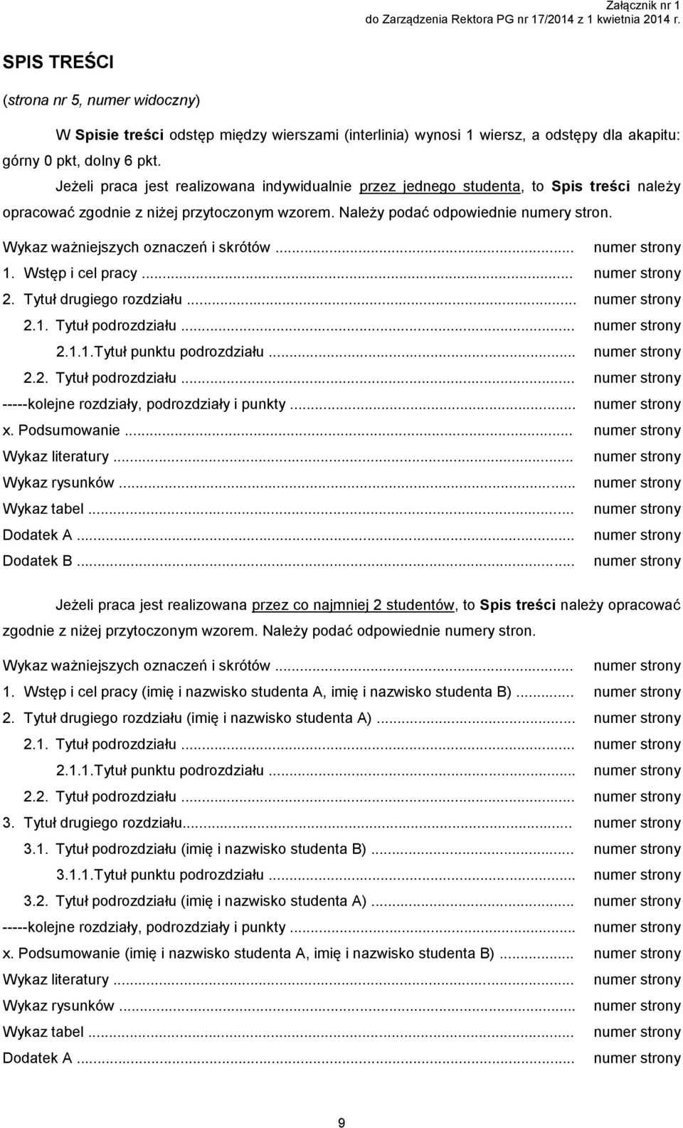 Wykaz ważniejszych oznaczeń i skrótów... numer strony 1. Wstęp i cel pracy... numer strony 2. Tytuł drugiego rozdziału... numer strony 2.1. Tytuł podrozdziału... numer strony 2.1.1. Tytuł punktu podrozdziału.