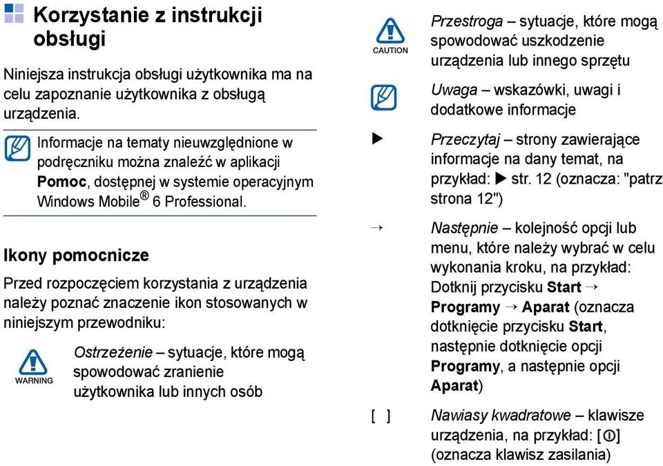 Ikony pomocnicze Przed rozpoczęciem korzystania z urządzenia należy poznać znaczenie ikon stosowanych w niniejszym przewodniku: Ostrzeżenie sytuacje, które mogą spowodować zranienie użytkownika lub