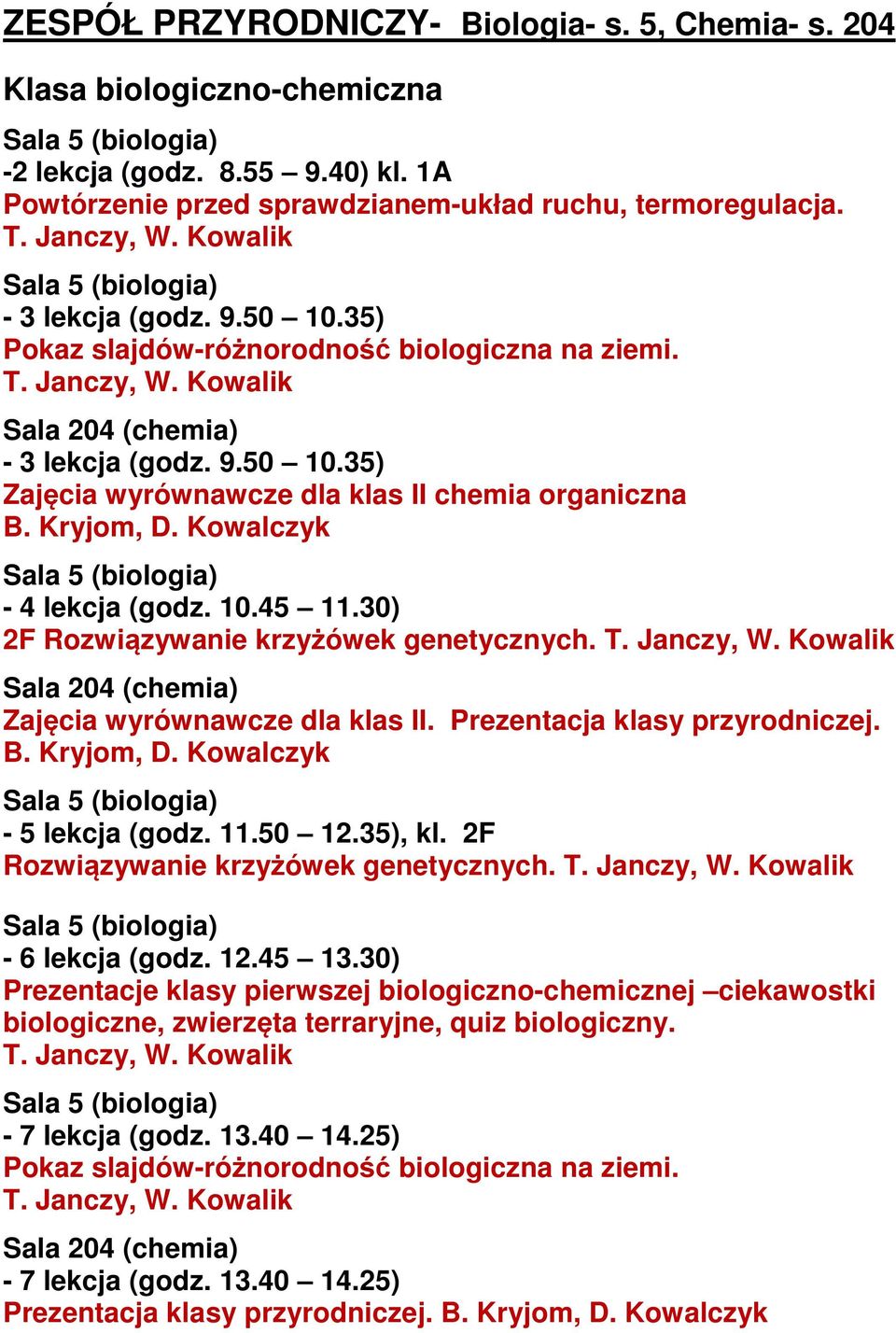 Sala 204 (chemia) Zajęcia wyrównawcze dla klas II. Prezentacja klasy przyrodniczej. B. Kryjom, D. Kowalczyk, kl. 2F Rozwiązywanie krzyżówek genetycznych.