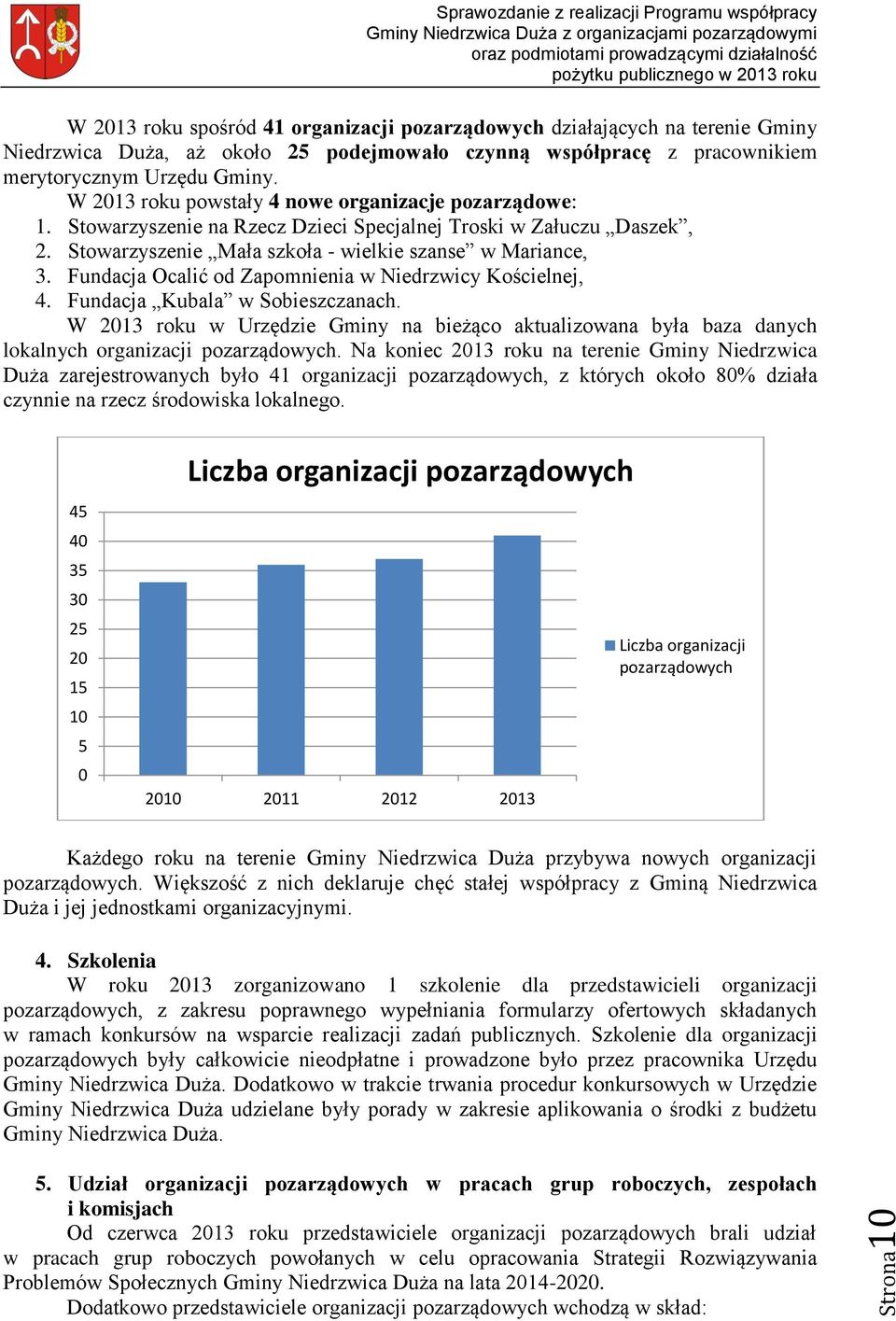 Fundacja Ocalić od Zapomnienia w Niedrzwicy Kościelnej, 4. Fundacja Kubala w Sobieszczanach. W 2013 roku w Urzędzie Gminy na bieżąco aktualizowana była baza danych lokalnych organizacji pozarządowych.