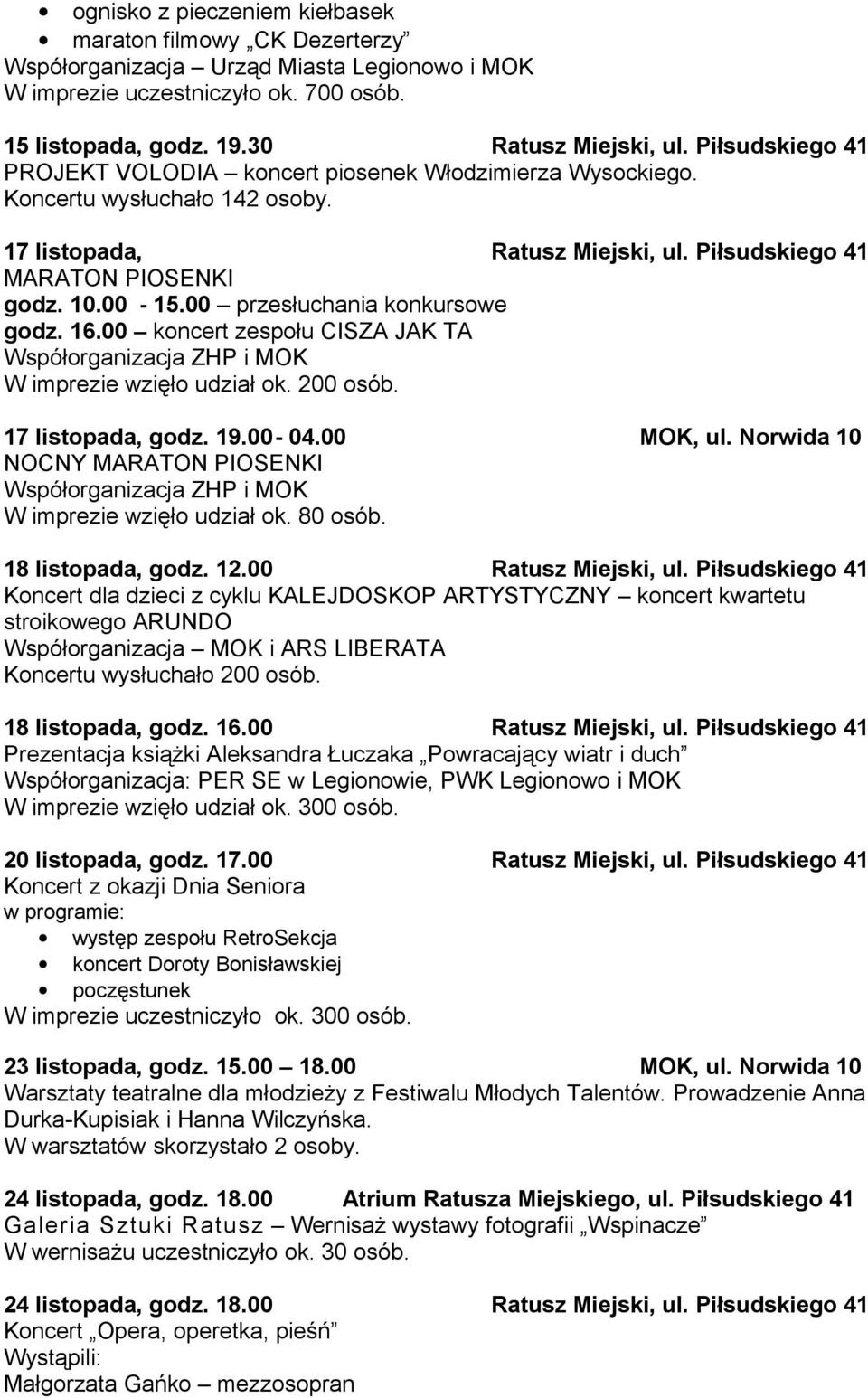 00 przesłuchania konkursowe godz. 16.00 koncert zespołu CISZA JAK TA Współorganizacja ZHP i MOK W imprezie wzięło udział ok. 200 osób. 17 listopada, godz. 19.00-04.00 MOK, ul.