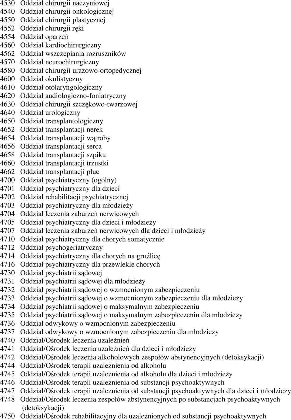 audiologiczno-foniatryczny 4630 Oddział chirurgii szczękowo-twarzowej 4640 Oddział urologiczny 4650 Oddział transplantologiczny 4652 Oddział transplantacji nerek 4654 Oddział transplantacji wątroby