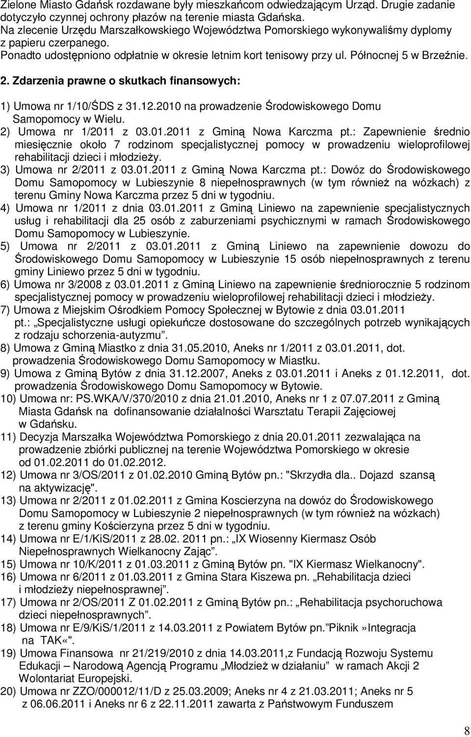 2. Zdarzenia prawne o skutkach finansowych: 1) Umowa nr 1/10/ŚDS z 31.12.2010 na prowadzenie Środowiskowego Domu Samopomocy w Wielu. 2) Umowa nr 1/2011 z 03.01.2011 z Gminą Nowa Karczma pt.