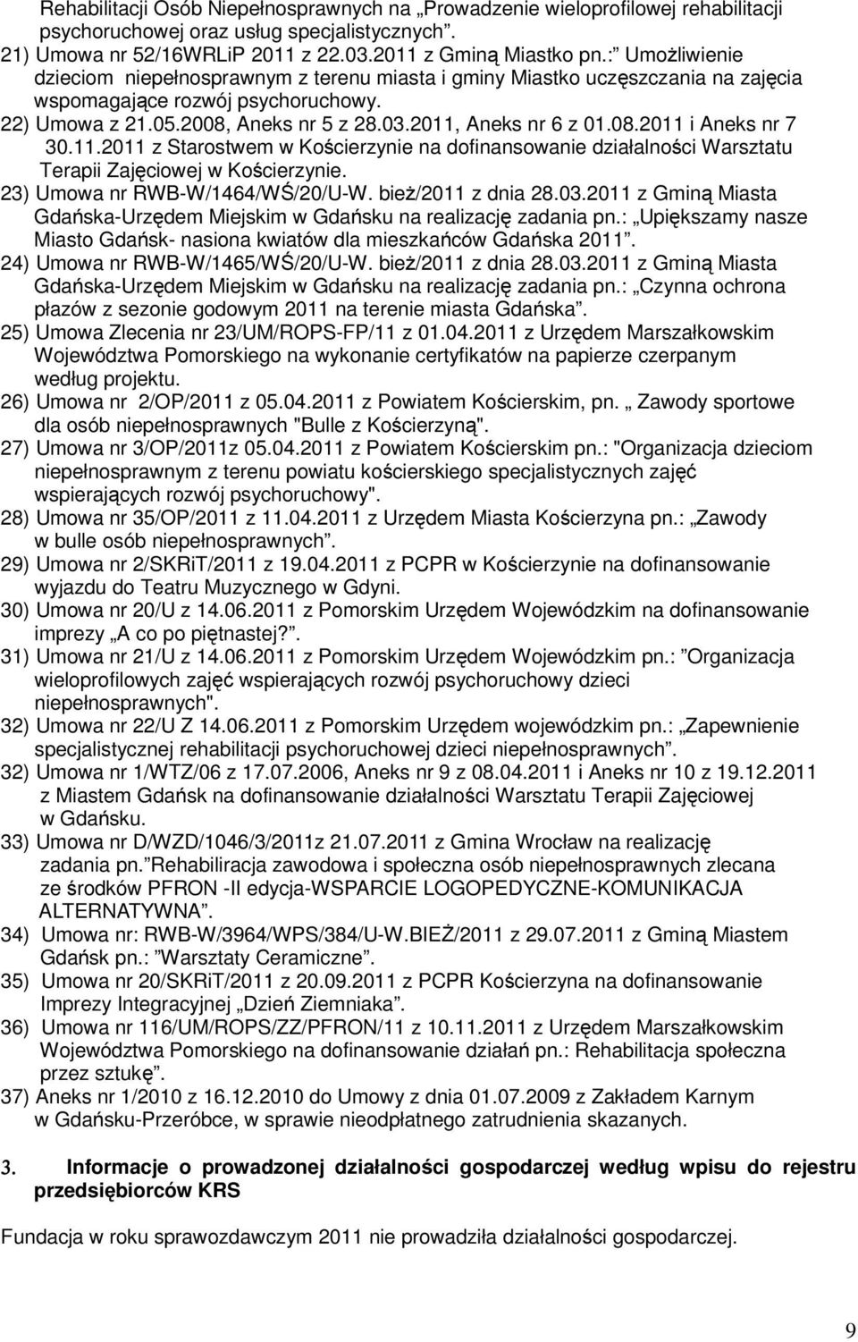 11.2011 z Starostwem w Kościerzynie na dofinansowanie działalności Warsztatu Terapii Zajęciowej w Kościerzynie. 23) Umowa nr RWB-W/1464/WŚ/20/U-W. bież/2011 z dnia 28.03.