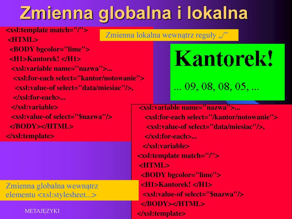 .. </xsl:variable> <xsl:value-of select="$nazwa"/> </BODY></HTML> Zmienna globalna wewnątrz elementu <xsl:stylesheet.