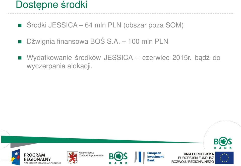 A. 100 mln PLN Wydatkowanie środków JESSICA