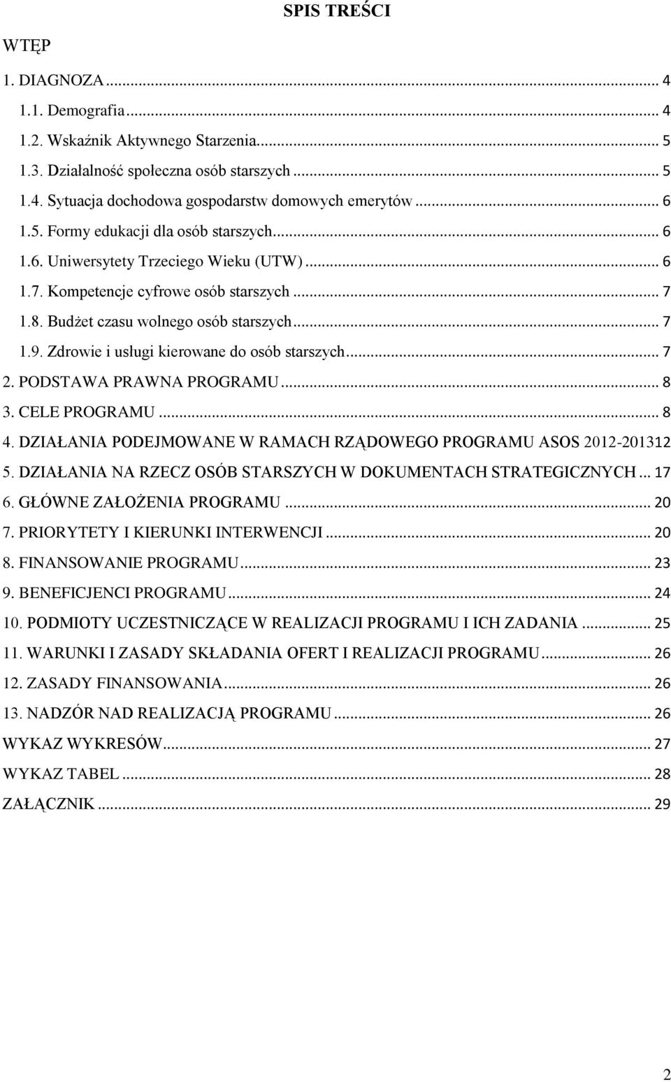 Zdrowie i usługi kierowane do osób starszych... 7 2. PODSTAWA PRAWNA PROGRAMU... 8 3. CELE PROGRAMU... 8 4. DZIAŁANIA PODEJMOWANE W RAMACH RZĄDOWEGO PROGRAMU ASOS 2012-201312 5.