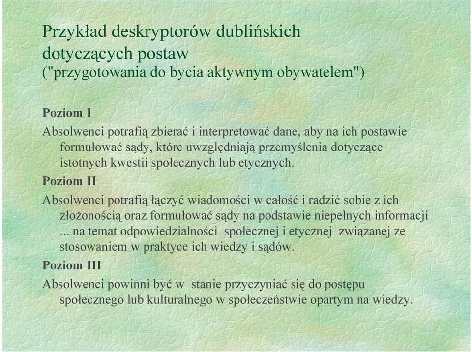 Poziom II Absolwenci potrafiąłączyć wiadomości w całość i radzić sobie z ich złożonością oraz formułować sądy na podstawie niepełnych informacji.