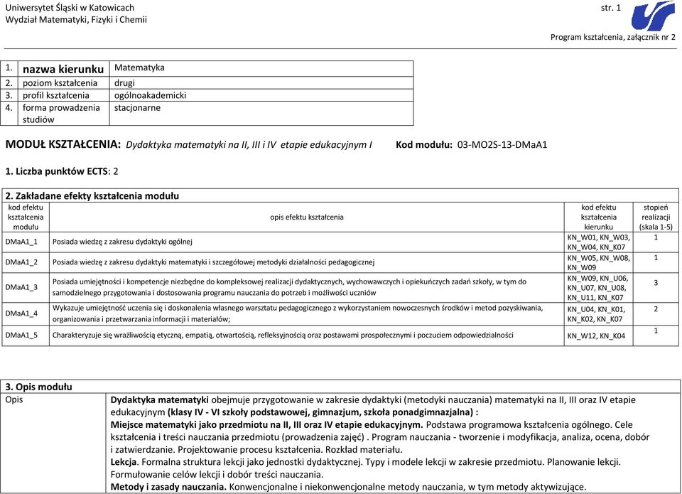 Zakładane efekty DMaA1_1 DMaA1_2 DMaA1_ DMaA1_4 Posiada wiedzę z zakresu dydaktyki ogólnej opis efektu Posiada wiedzę z zakresu dydaktyki matematyki i szczegółowej metodyki działalności pedagogicznej