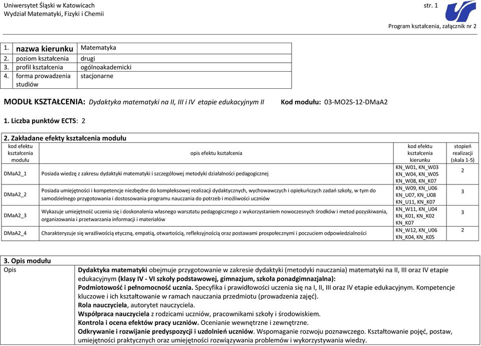 Zakładane efekty DMaA2_1 DMaA2_2 DMaA2_ DMaA2_4 opis efektu Posiada wiedzę z zakresu dydaktyki matematyki i szczegółowej metodyki działalności pedagogicznej Posiada umiejętności i kompetencje