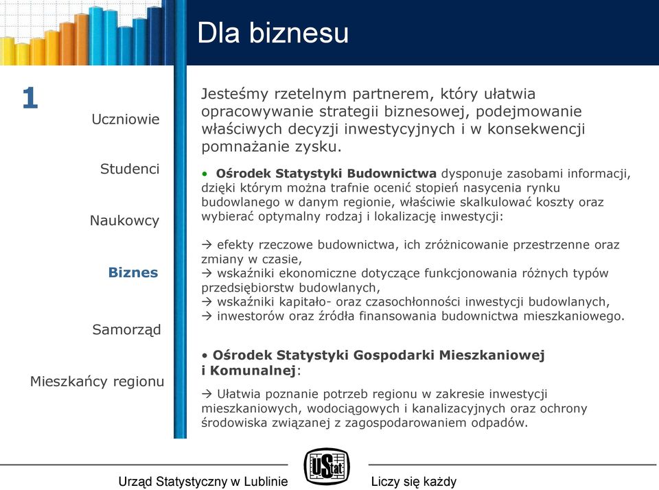 Ośrodek Statystyki Budownictwa dysponuje zasobami informacji, dzięki którym można trafnie ocenić stopień nasycenia rynku budowlanego w danym regionie, właściwie skalkulować koszty oraz wybierać