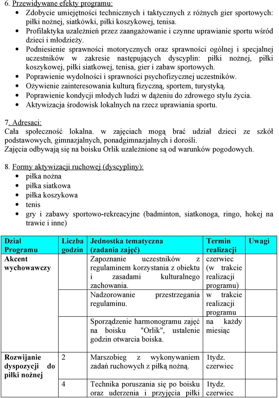 Podniesienie sprawności motorycznych oraz sprawności ogólnej i specjalnej uczestników w zakresie następujących dyscyplin: piłki nożnej, piłki koszykowej, piłki siatkowej, tenisa, gier i zabaw