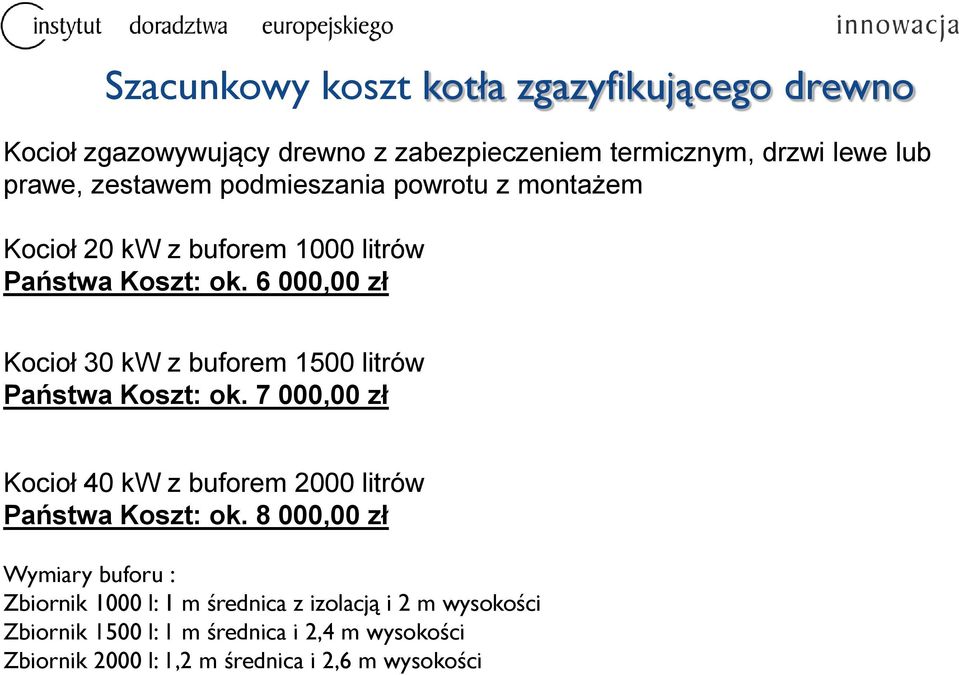 6 000,00 zł Kocioł 30 kw z buforem 1500 litrów Państwa Koszt: ok. 7 000,00 zł Kocioł 40 kw z buforem 2000 litrów Państwa Koszt: ok.