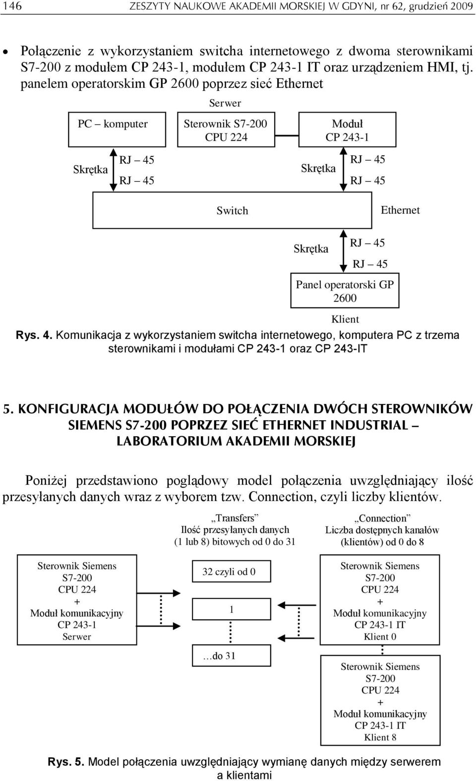 Komunikacja z wykorzystaniem switcha internetowego, komputera PC z trzema sterownikami i modułami CP 243-1 oraz CP 243-IT 5.