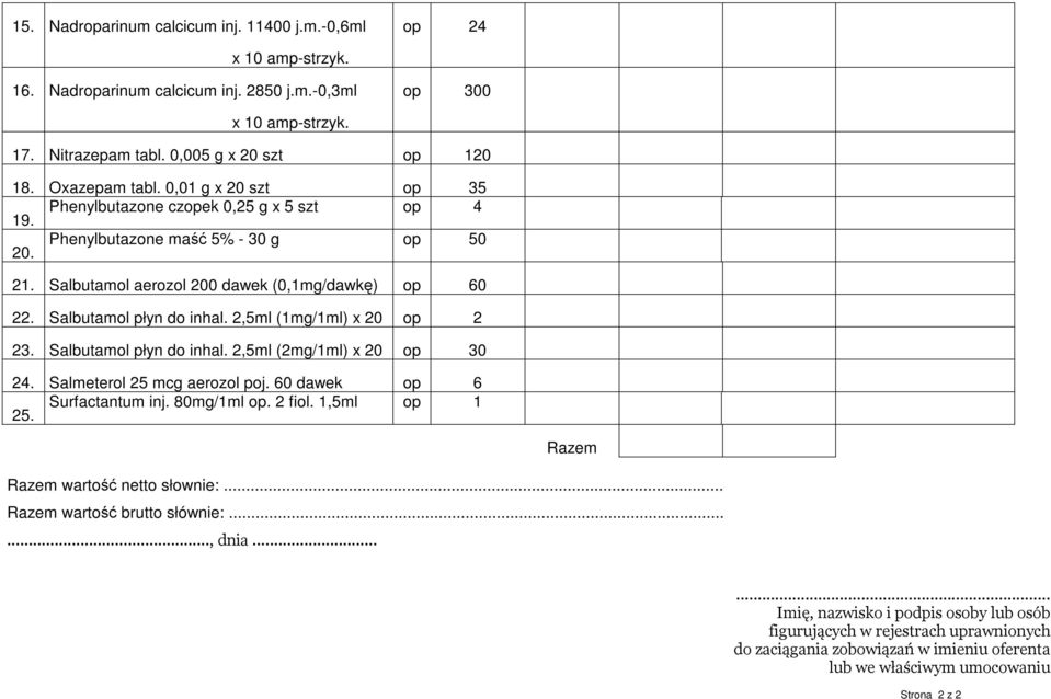 Salbutamol płyn do inhal. 2,5ml (1mg/1ml) x 20 op 2 23. Salbutamol płyn do inhal. 2,5ml (2mg/1ml) x 20 op 30 24. Salmeterol 25 mcg aerozol poj. 60 dawek op 6 25. Surfactantum inj. 80mg/1ml op. 2 fiol.
