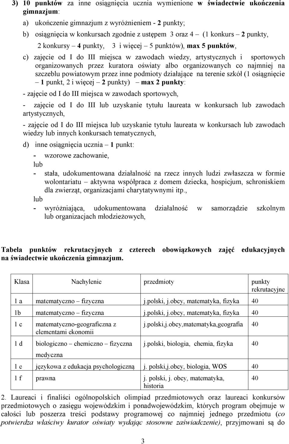 organizowanych co najmniej na szczeblu powiatowym przez inne podmioty działające na terenie szkół (1 osiągnięcie 1 punkt, 2 i więcej 2 punkty) max 2 punkty: - zajęcie od I do III miejsca w zawodach