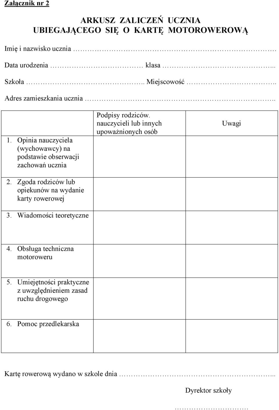 Zgoda rodziców lub opiekunów na wydanie karty rowerowej 3. Wiadomości teoretyczne Podpisy rodziców.