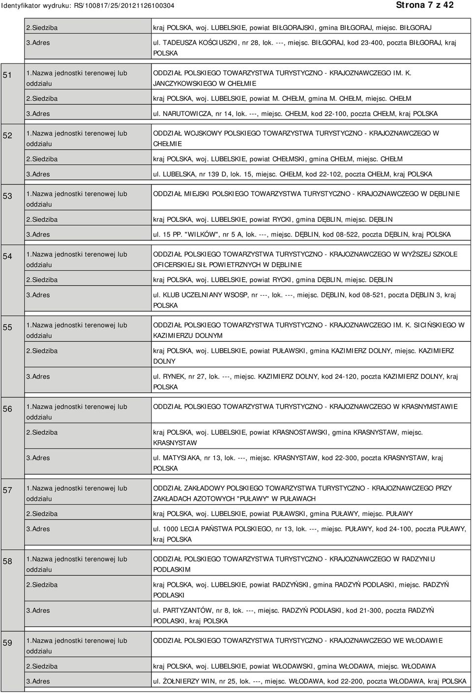 CHEŁM ul. NARUTOWICZA, nr 14, lok. ---, miejsc. CHEŁM, kod 22-100, poczta CHEŁM, kraj ODDZIAŁ WOJSKOWY POLSKIEGO TOWARZYSTWA TURYSTYCZNO - KRAJOZNAWCZEGO W CHEŁMIE kraj, woj.