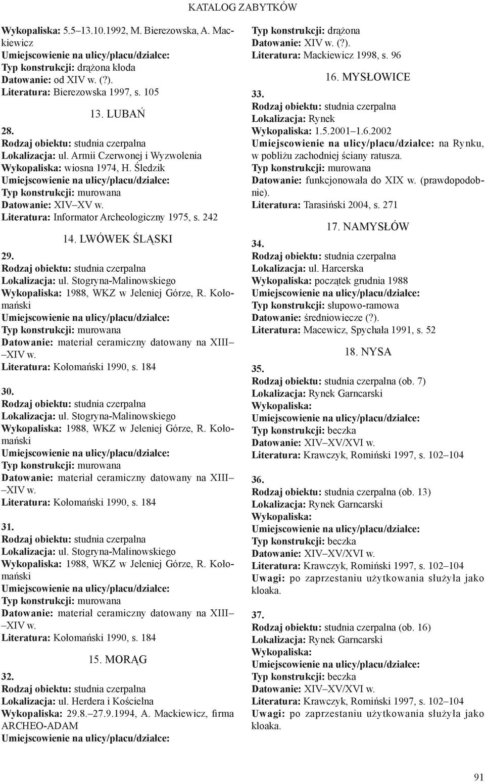 Stogryna-Malinowskiego 1988, WKZ w Jeleniej Górze, R. Kołomański Typ konstrukcji: murowana Datowanie: materiał ceramiczny datowany na XIII XIV w. Literatura: Kołomański 1990, s. 184 30.