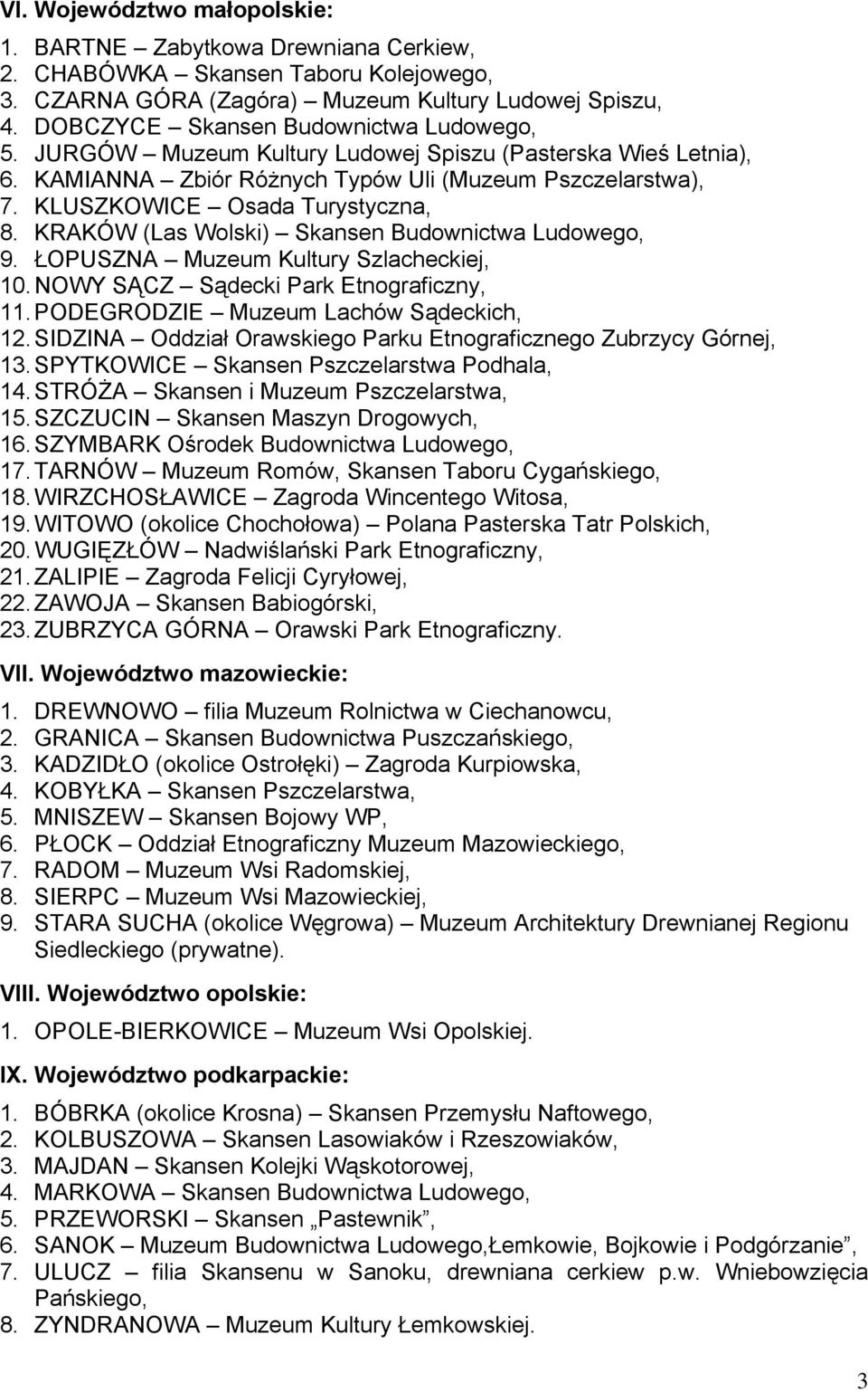 KRAKÓW (Las Wolski) Skansen Budownictwa Ludowego, 9. ŁOPUSZNA Muzeum Kultury Szlacheckiej, 10. NOWY SĄCZ Sądecki Park Etnograficzny, 11. PODEGRODZIE Muzeum Lachów Sądeckich, 12.