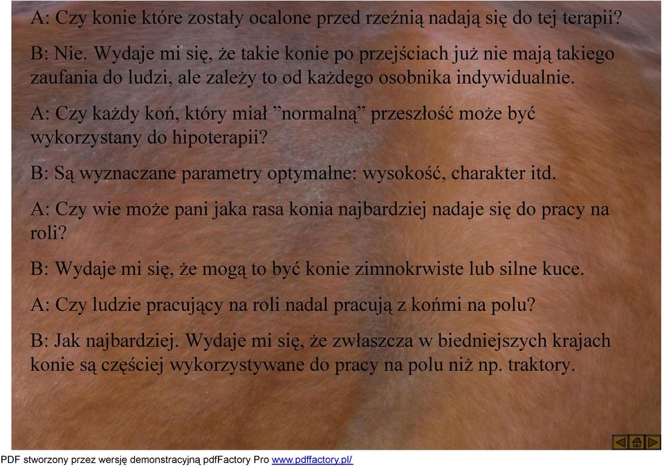 A: Czy każdy koń, który miał normalną przeszłość może być wykorzystany do hipoterapii? B: Są wyznaczane parametry optymalne: wysokość, charakter itd.