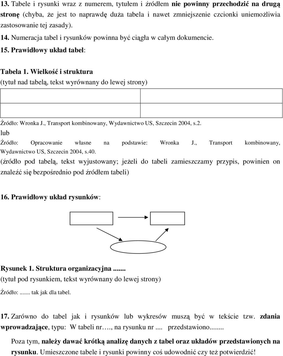 Wielkość i struktura (tytuł nad tabelą, tekst wyrównany do lewej strony) Źródło: Wronka J., Transport kombinowany, Wydawnictwo US, Szczecin 2004, s.2. lub Źródło: Opracowanie własne na podstawie: Wronka J.