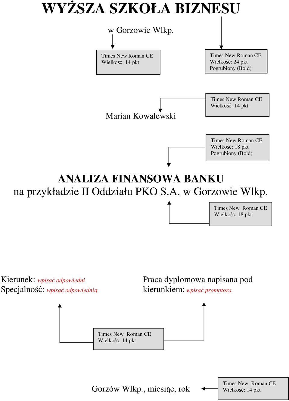 pkt Times New Roman CE Wielkość: 18 pkt Pogrubiony (Bold) ANALIZA FINANSOWA BANKU na przykładzie II Oddziału PKO S.A. w Gorzowie Wlkp.