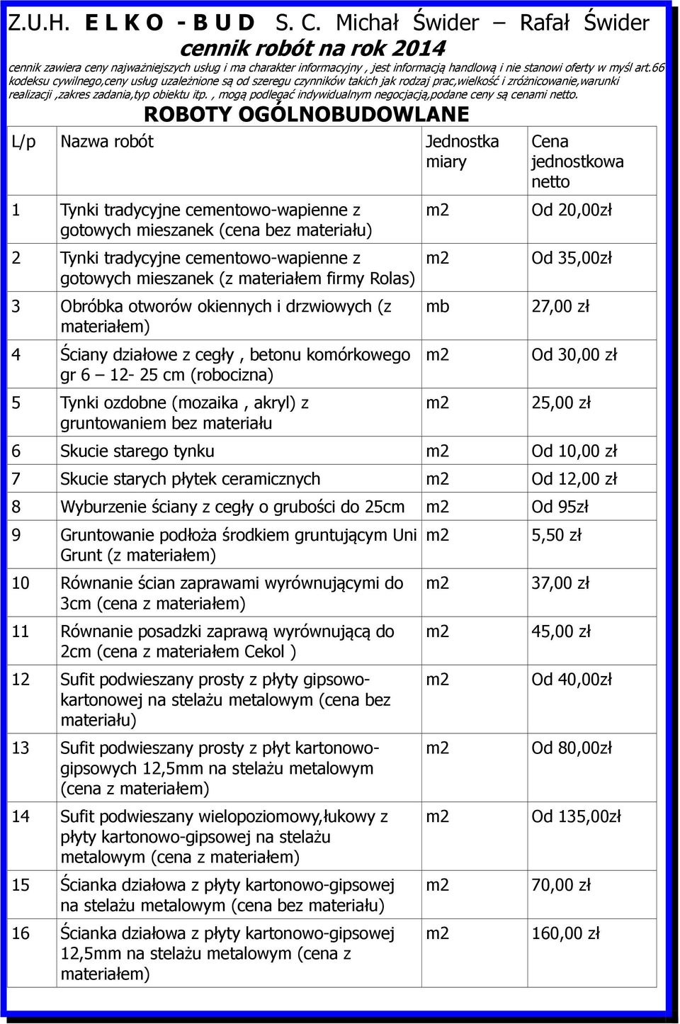 66 kodeksu cywilnego,ceny usług uzależnione są od szeregu czynników takich jak rodzaj prac,wielkość i zróżnicowanie,warunki realizacji,zakres zadania,typ obiektu itp.