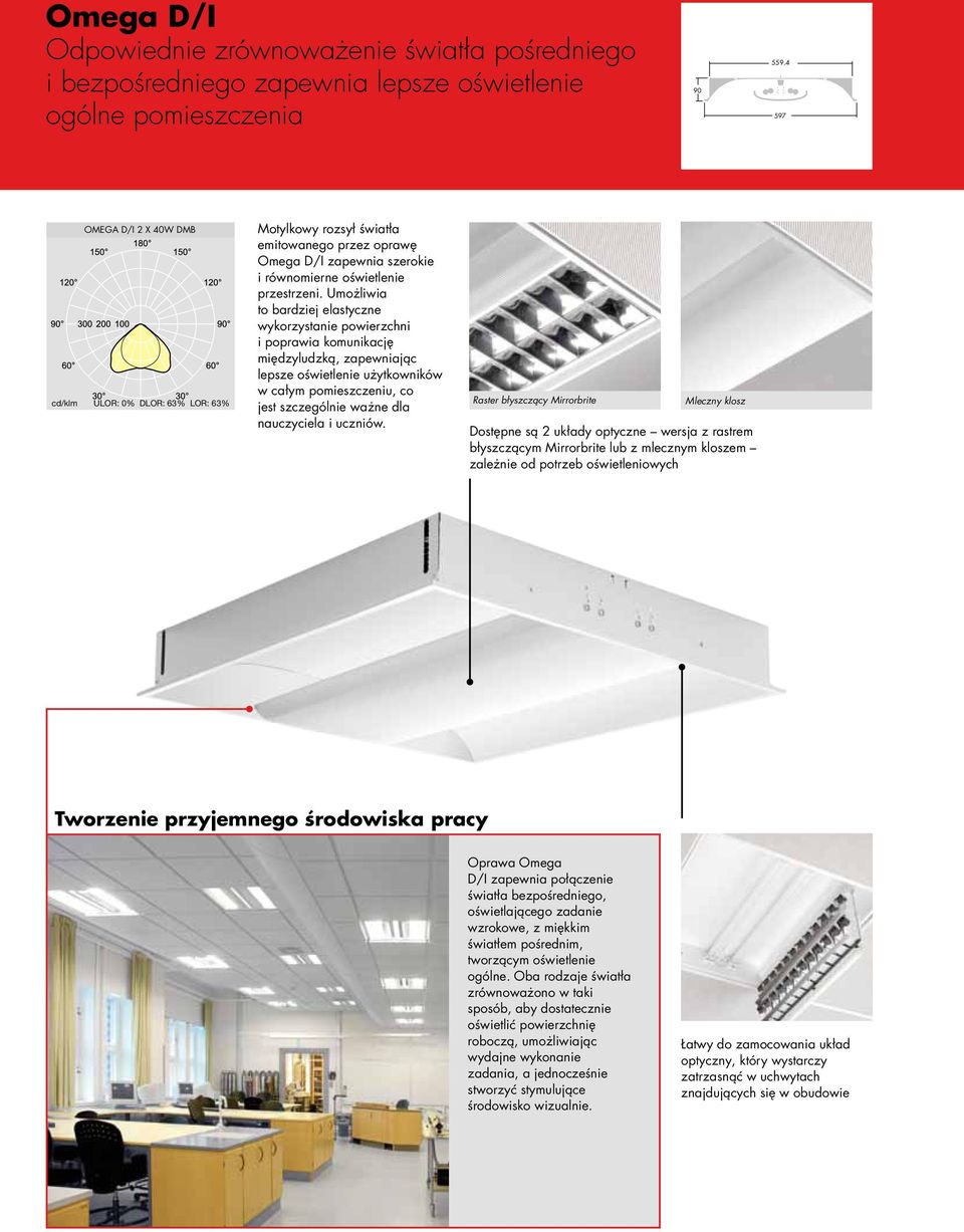 Umożliwia to bardziej elastyczne wykorzystanie powierzchni i poprawia komunikację międzyludzką, zapewniając lepsze oświetlenie użytkowników w całym pomieszczeniu, co cd/klm ULOR: 0% DLOR: 63% LOR:
