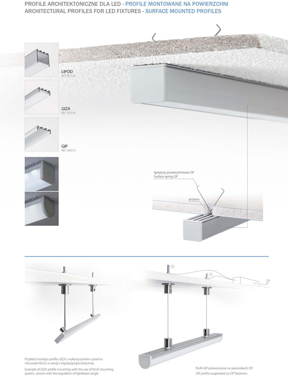 B4574 Sprężyny powierzchniowe GP Surface spring GP ø10mm 12V Przykład montażu profilu GIZA z wykorzystaniem systemu mocowań KLUŚ, w