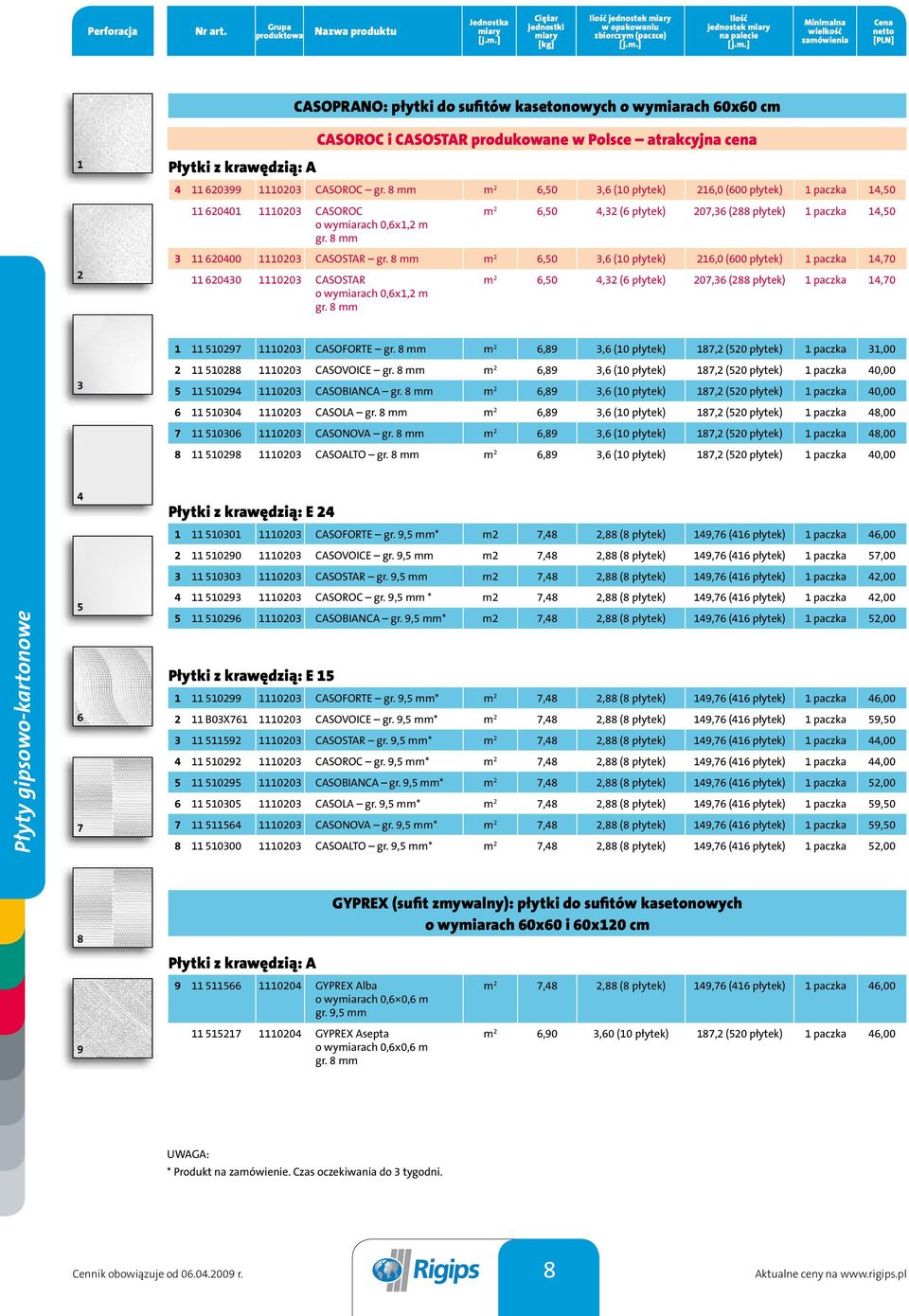 8 mm m 2 6,50 4,32 (6 płytek) 207,36 (288 płytek) 1 paczka 14,50 3 11 620400 1110203 CASOSTAR gr.