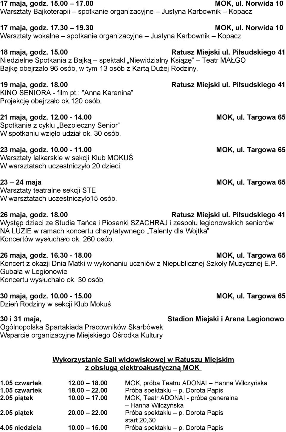 Piłsudskiego 41 Niedzielne Spotkania z Bajką spektakl Niewidzialny Książę Teatr MAŁGO Bajkę obejrzało 96 osób, w tym 13 osób z Kartą Dużej Rodziny. 19 maja, godz. 18.00 Ratusz Miejski ul.