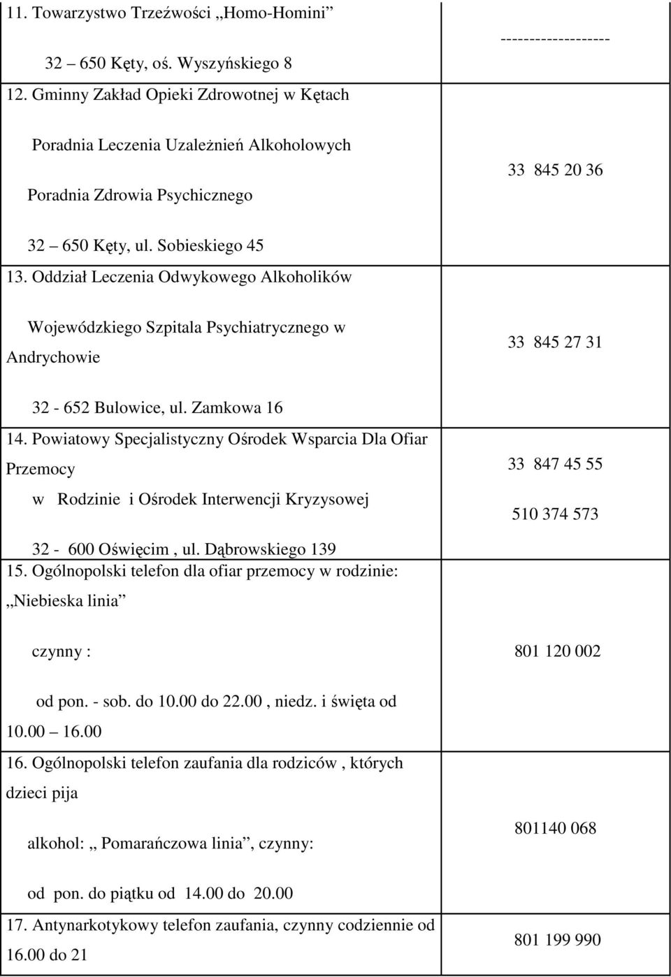Oddział Leczenia Odwykowego Alkoholików Wojewódzkiego Szpitala Psychiatrycznego w Andrychowie 33 845 27 31 32-652 Bulowice, ul. Zamkowa 16 14.