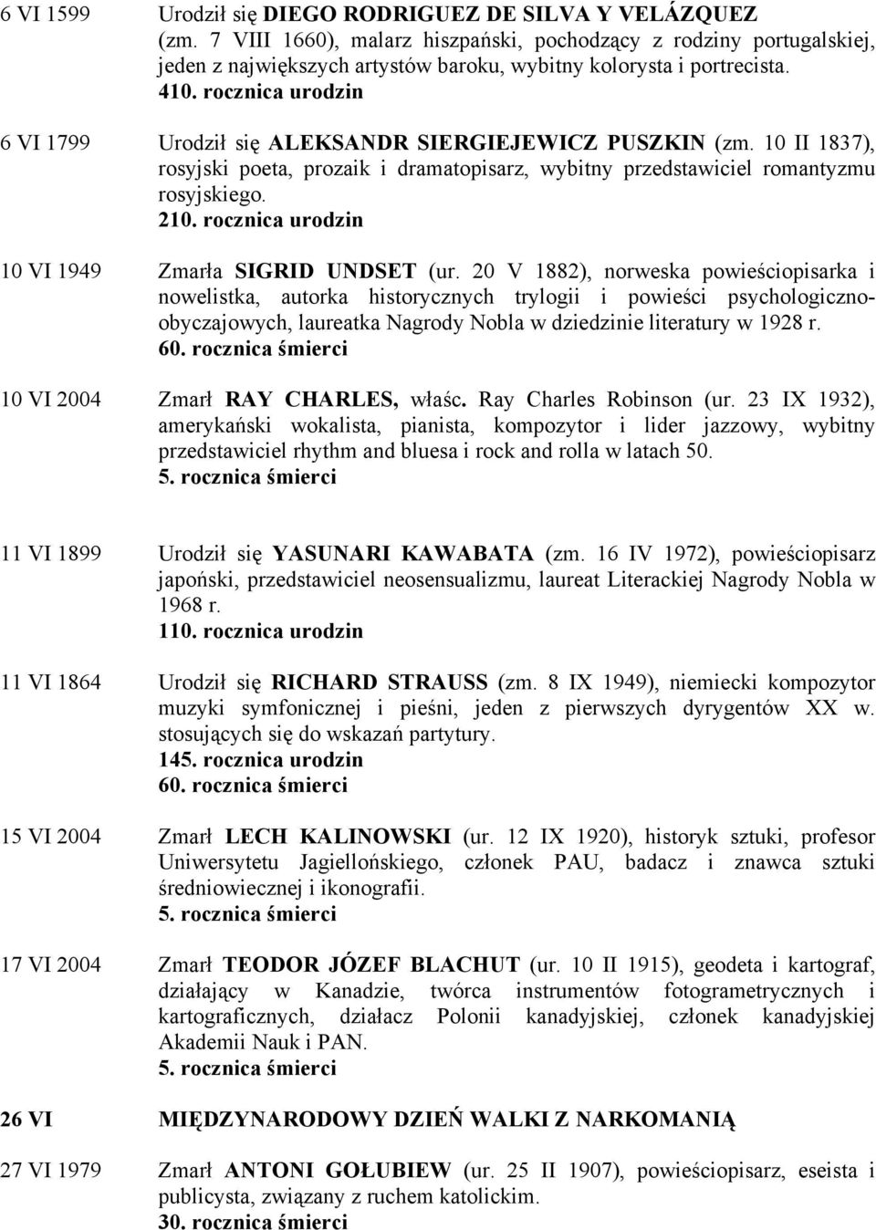 rocznica urodzin 6 VI 1799 Urodził się ALEKSANDR SIERGIEJEWICZ PUSZKIN (zm. 10 II 1837), rosyjski poeta, prozaik i dramatopisarz, wybitny przedstawiciel romantyzmu rosyjskiego. 210.