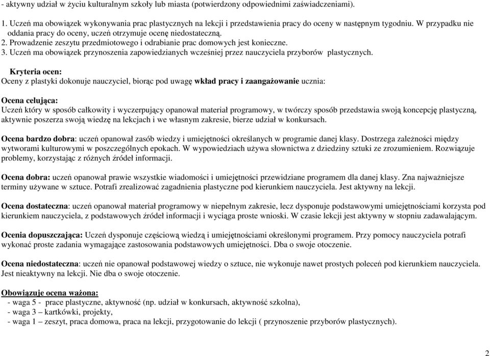 Prowadzenie zeszytu przedmiotowego i odrabianie prac domowych jest konieczne. 3. Uczeń ma obowiązek przynoszenia zapowiedzianych wcześniej przez nauczyciela przyborów plastycznych.