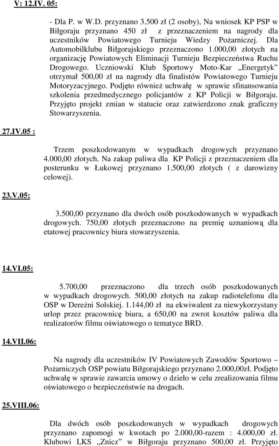 000,00 złotych na organizację Powiatowych Eliminacji Turnieju Bezpieczeństwa Ruchu Drogowego.