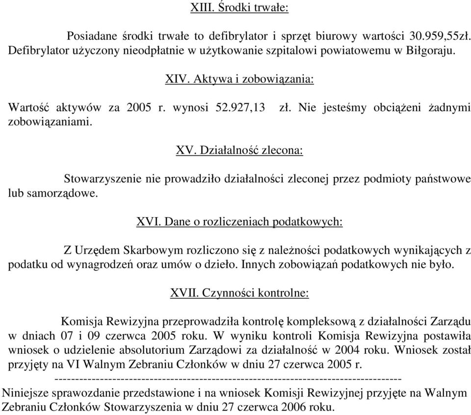 Działalność zlecona: Stowarzyszenie nie prowadziło działalności zleconej przez podmioty państwowe lub samorządowe. XVI.