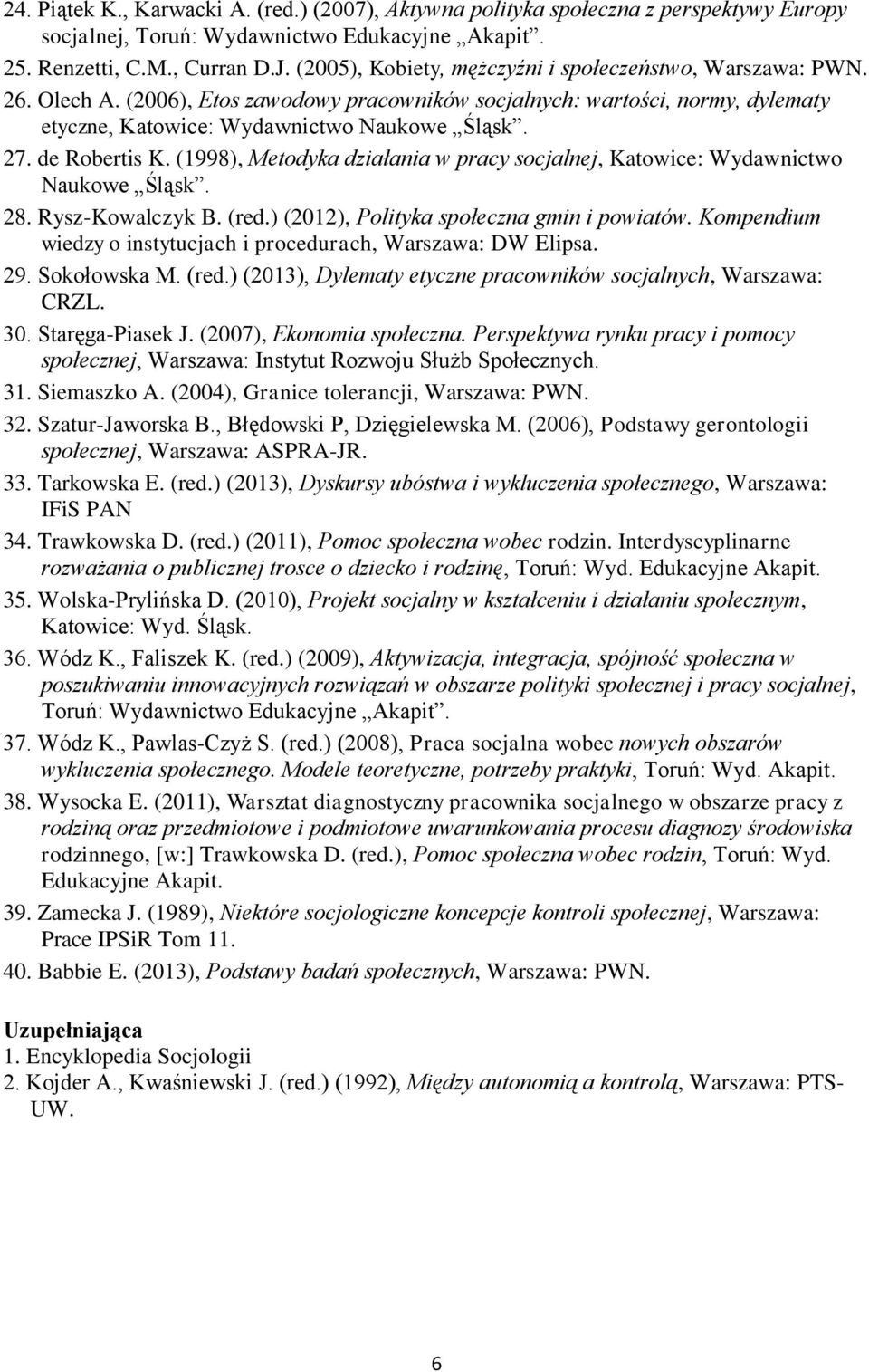 de Robertis K. (1998), Metodyka działania w pracy socjalnej, Katowice: Wydawnictwo Naukowe Śląsk. 28. Rysz-Kowalczyk B. (red.) (2012), Polityka społeczna gmin i powiatów.