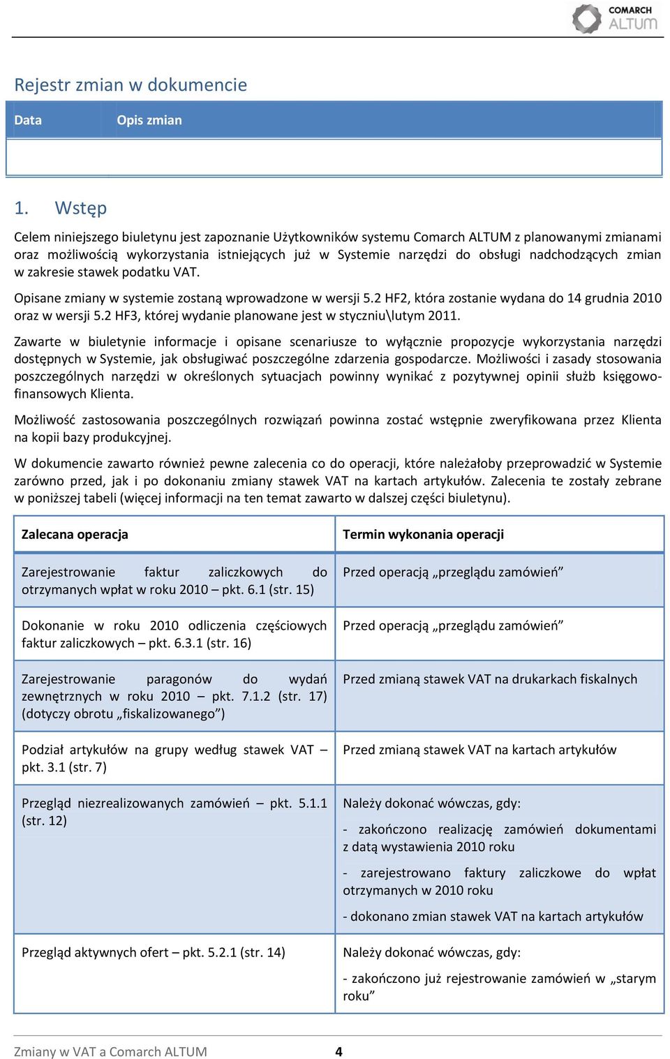 nadchodzących zmian w zakresie stawek podatku VAT. Opisane zmiany w systemie zostaną wprowadzone w wersji 5.2 HF2, która zostanie wydana do 14 grudnia 2010 oraz w wersji 5.