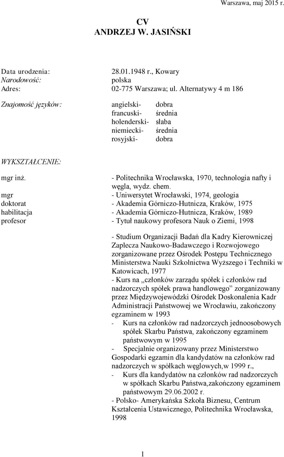 - Politechnika Wrocławska, 1970, technologia nafty i węgla, wydz. chem.