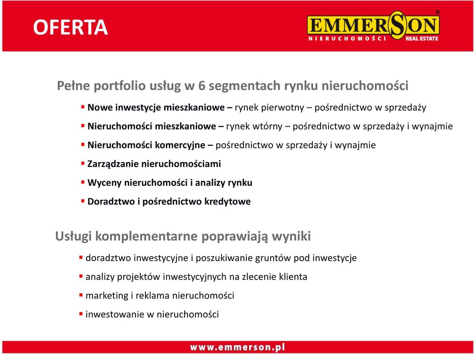 Zarządzanie nieruchomościami Wyceny nieruchomości i analizy rynku Doradztwo i pośrednictwo kredytowe Usługi komplementarne poprawiają wyniki
