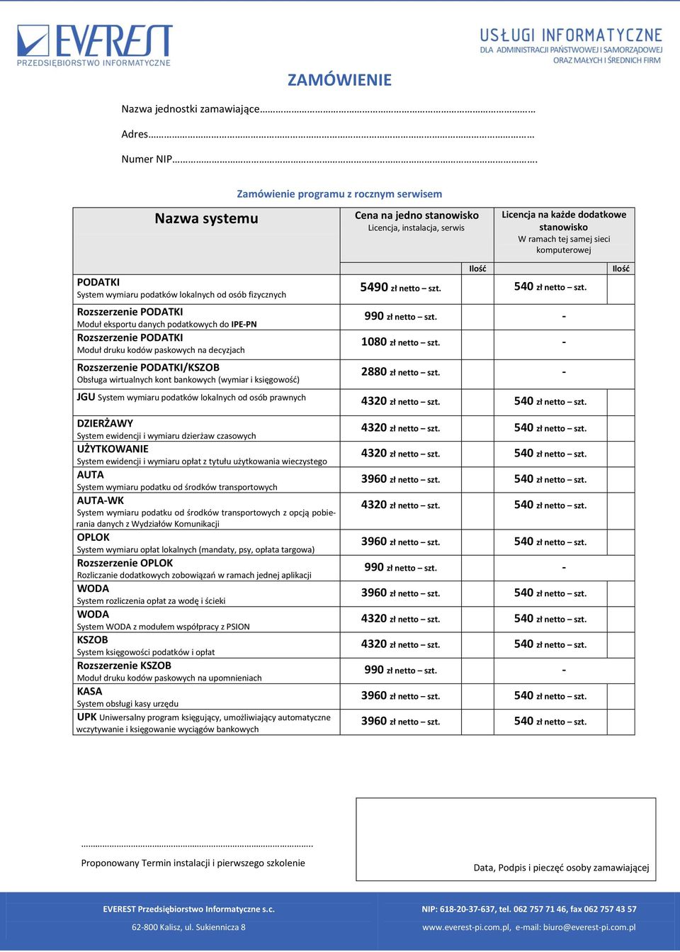 szt. 540 zł netto szt. 2880 zł netto szt.