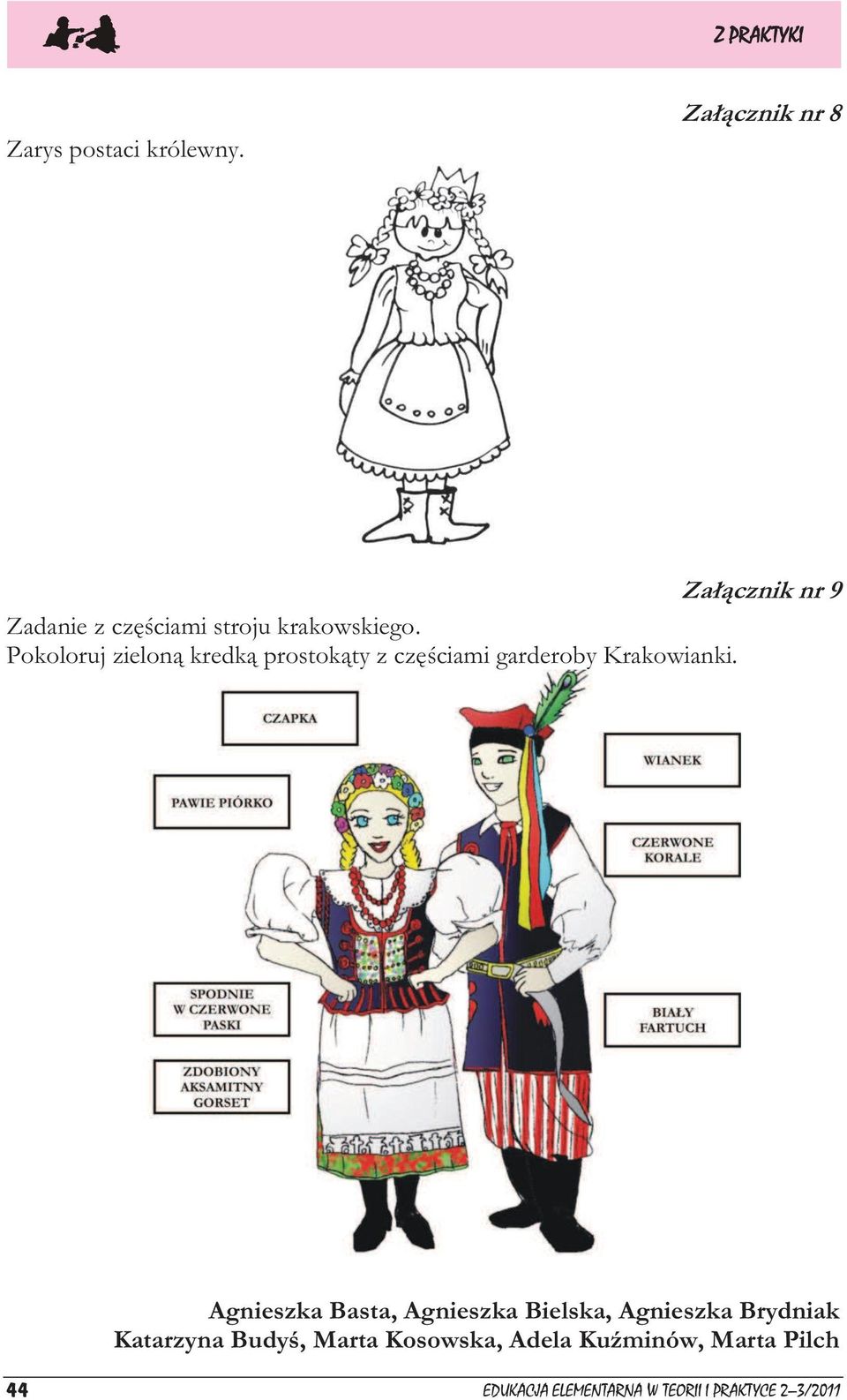 Pokoloruj zieloną kredką prostokąty z częściami garderoby Krakowianki.