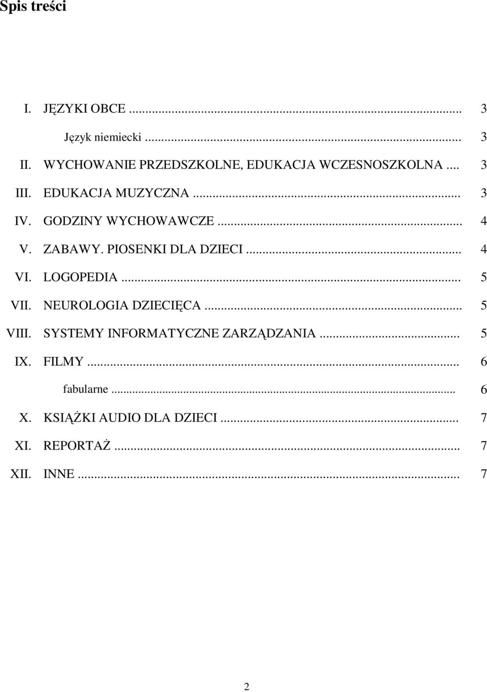 GODZINY WYCHOWAWCZE... 4 V. ZABAWY. PIOSENKI DLA DZIECI... 4 VI. LOGOPEDIA... 5 VII.