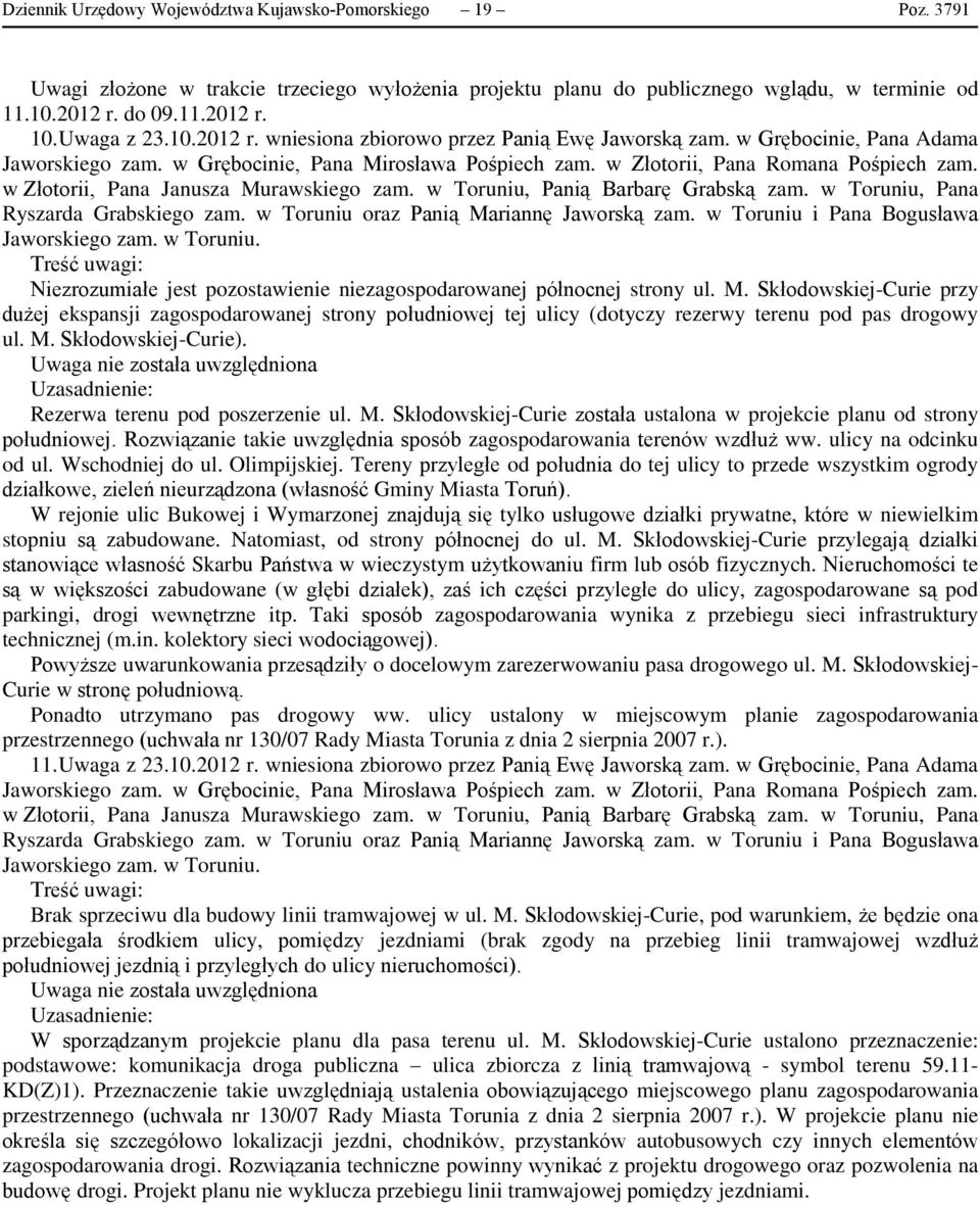 w Złotorii, Pana Janusza Murawskiego zam. w Toruniu, Panią Barbarę Grabską zam. w Toruniu, Pana Ryszarda Grabskiego zam. w Toruniu oraz Panią Mariannę Jaworską zam.