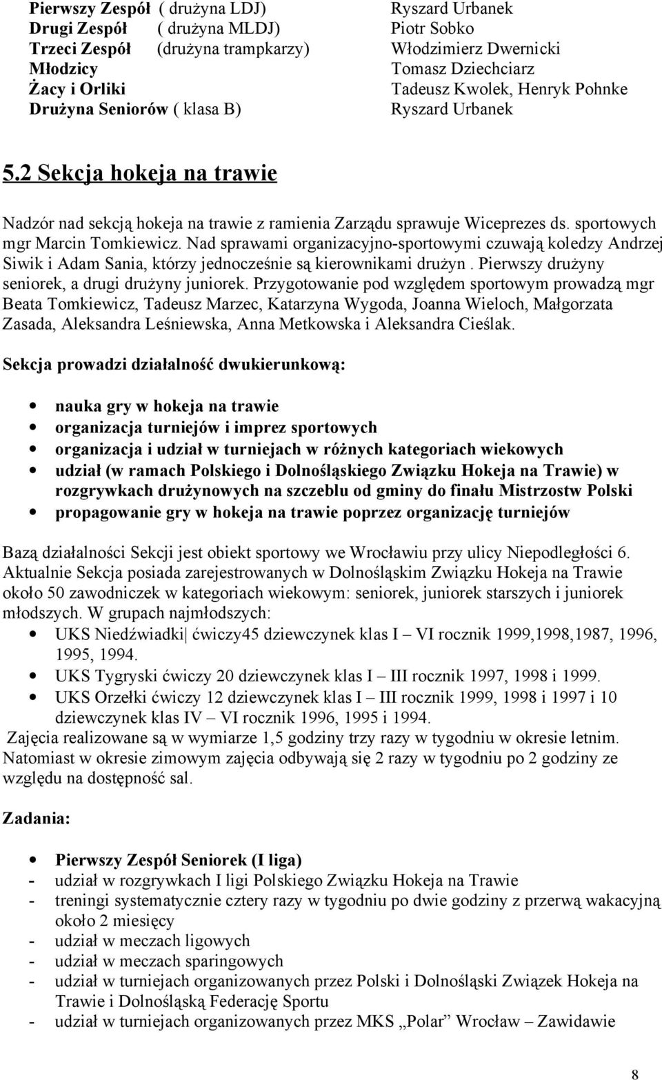 sportowych mgr Marcin Tomkiewicz. Nad sprawami organizacyjno-sportowymi czuwają koledzy Andrzej Siwik i Adam Sania, którzy jednocześnie są kierownikami drużyn.