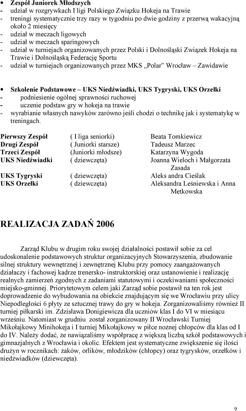 organizowanych przez MKS Polar Wrocław Zawidawie Szkolenie Podstawowe UKS Niedźwiadki, UKS Tygryski, UKS Orzełki - podniesienie ogólnej sprawności ruchowej - uczenie podstaw gry w hokeja na trawie -