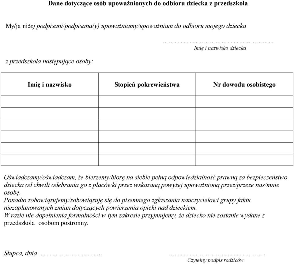 placówki przez wskazaną powyżej upoważnioną przez/przeze nas/mnie osobę.